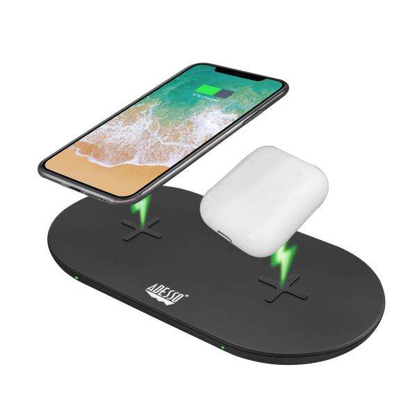 Adesso AUH-1040 Caricabatterie per dispositivi mobili Auricolare, Smartphone, Orologio intelligente Nero USB Carica wireless Ricarica rapida Interno (15W MAX DUAL WIRELESS 2 COILS - QI-CERTIFIED F.CH - E_0009_B45841237
