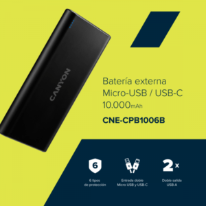 Canyon PB-106 Polimeri di litio [LiPo] 10000 mAh Nero (CANYON Micro-USB/USB-C power bank 10000 mAh Black) - E_0009_B46471282