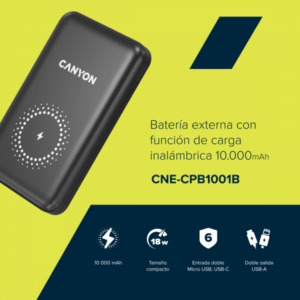Canyon PB-1001 Polimeri di litio [LiPo] 10000 mAh Carica wireless Nero (CANYON QC 10000mAh Magnetic Wireless Black) - E_0009_B48674137