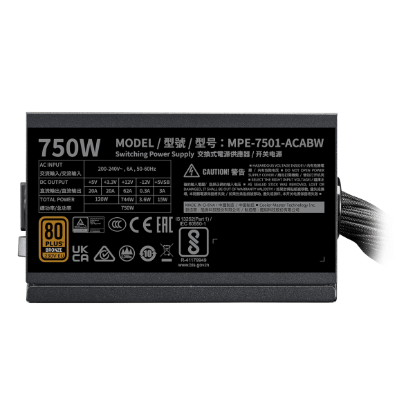Cooler Master MWE Bronze 750 V3 230V alimentatore per computer 750 W 24-pin ATX ATX Nero (PSU MWE BRONZE 750 V3 230V A/UK) - E_0009_B49518457