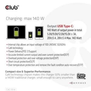 CLUB3D CAC-1914EU Caricabatterie per dispositivi mobili Universale Nero AC Ricarica rapida Interno (Club3D Ladegerät 1xUSB Typ C,) - E_0009_B50478659