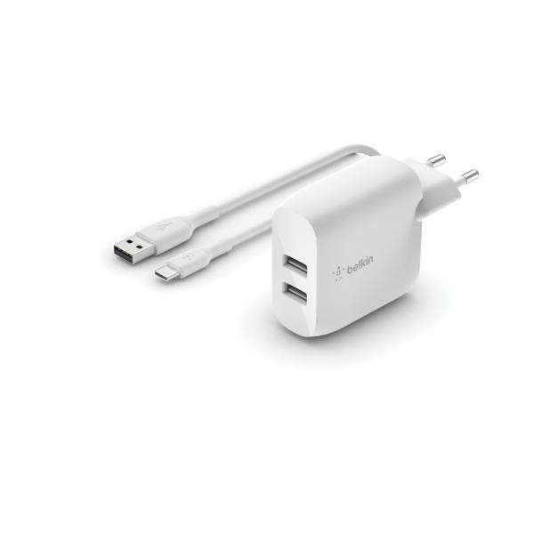 Belkin WCE001VF1MWH Caricabatterie per dispositivi mobili Universale Bianco AC Interno (DUAL USB-A CHARGER - W/USB-C CABLE 1M 24W WHITE) - E_0009_B44356600