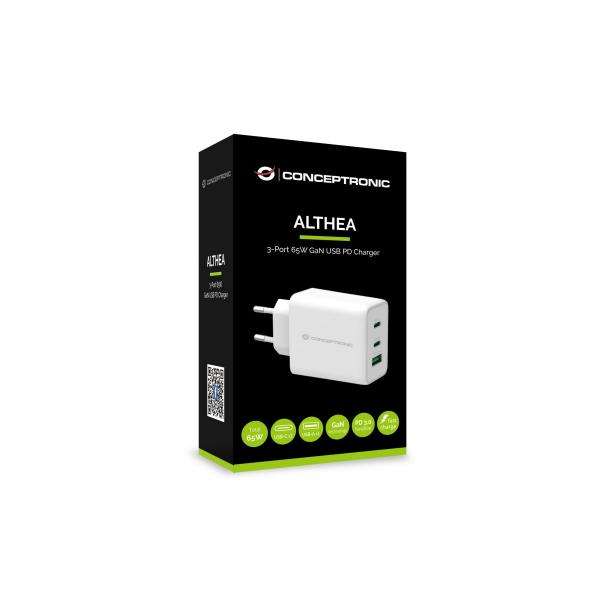 Conceptronic ALTHEA12W Caricabatterie per dispositivi mobili Universale Bianco AC Ricarica rapida Interno (Althea 3-Port 65W Gan Usb Pd - Charger, Qc 3.0 - Warranty: 12M) - E_0009_B47451270