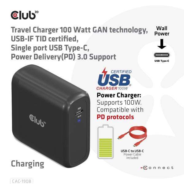 CLUB3D CAC-1908 Universale Nero AC Ricarica rapida Interno (Club3D Reiseladegerät 1xUSB Typ C,) - E_0009_B49323069