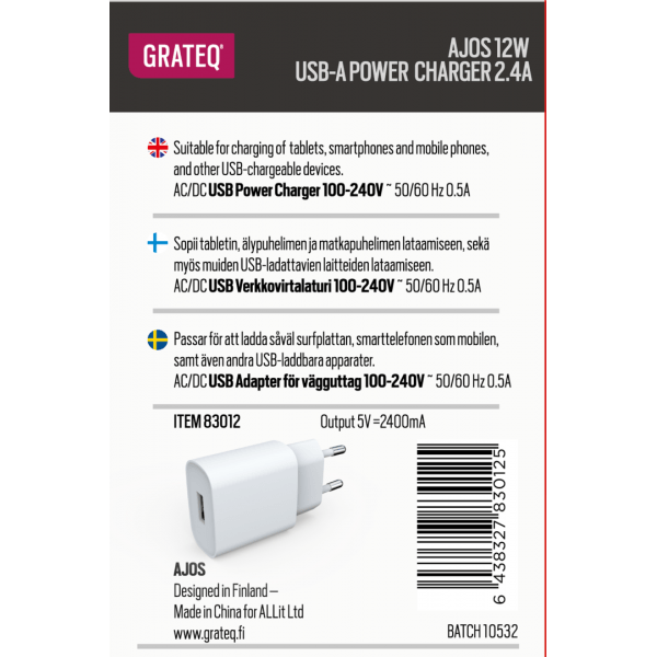 GRATEQ Ajos Universale Bianco AC Interno (GRATEQ AJOS WALLCHARGER USB-A 12W) - E_0009_B50902598