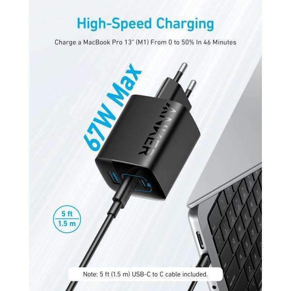 Anker 336 Charger (67W) Computer portatile, Telefono cellulare, Computer portatile, Power bank, Smartphone, Orologio intelligente, Tablet, Orologio, Indossabili Nero USB Ricarica rapida Interno - E_0015_ 16406222000